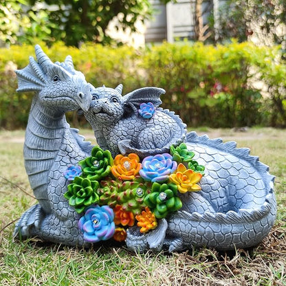 Solar Dragon Garden Statues Outdoor Decor, Resin Dragon Figurine with Succulent and 6 LED Lights Lawn Patio Balcony Art Decoration,Housewarming Birthday Gifts for Grandma Mom Women