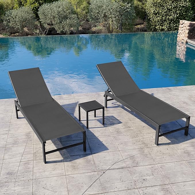 Crestlive Products 2PCS Chaise Lounge Chair Outdoor with 1PC Side Table, Adjustable 5 Positions Pool Tanning Recliner, Outdoor Lounge Furniture Perfect for Patio, Beach, Yard, Pool