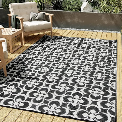 HUGEAR Outdoor Rug, Large Waterproof Outdoor Area Rug, Reversible Portable Outdoor Plastic Straw Carpet for RV Deck Camping Front Door Indoor Outside Porch Picnic (5x8ft Clover Black&White)