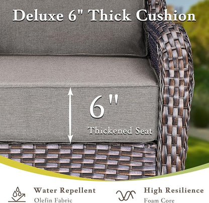 Luxury High Back Outdoor Furniture with 6-inch Extra Thick Cushions, Patio Furniture Set with Swivel Chairs, 4 PCS Wicker Conversation Set for Yard, Deck, Poolside, Brown/Grey