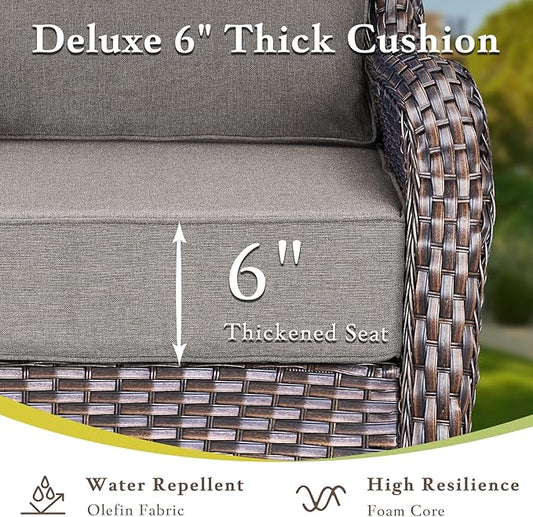 Luxury High Back Outdoor Furniture with 6-inch Extra Thick Cushions, Patio Furniture Set with Swivel Chairs, 4 PCS Wicker Conversation Set for Yard, Deck, Poolside, Brown/Grey
