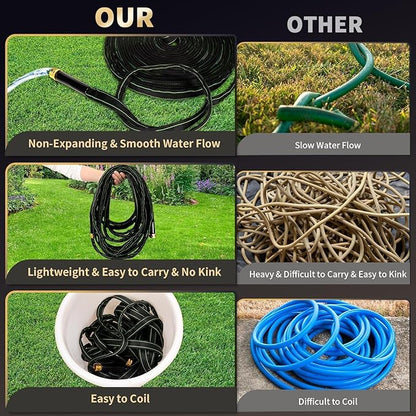 Garden Hose 100 ft Water Hose Flexible Heavy Duty Outdoor Lightweight No Kink Long Non-Expandable High Pressure Flat Hoses Pipe 100’ Strong 3/4’’ Brass Fitting for Outside Yard Lawn Car Wash