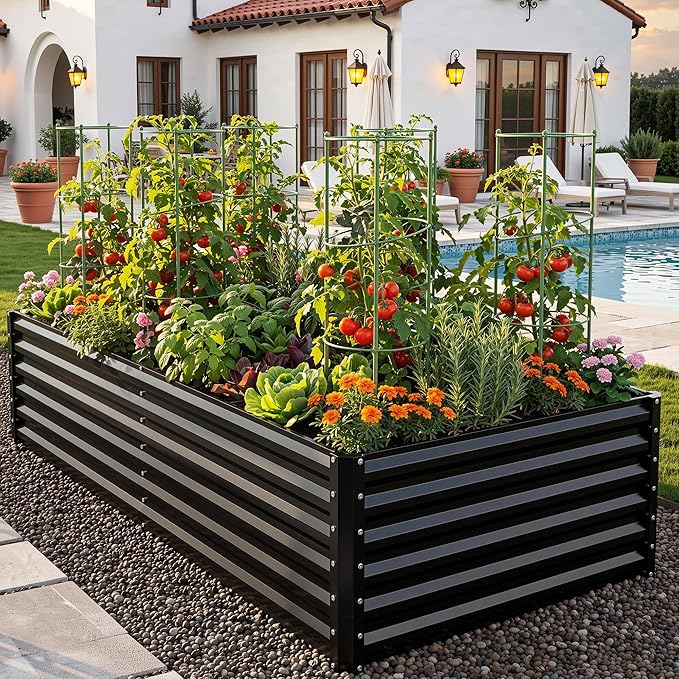 YITAHOME 2pcs 8x4x2ft Galvanized Raised Garden Bed with Tomato Cages, Galvanized Planter Box with Tomato Trellis, Gloves, Support Rod, Outdoor Flower Bed for Climbing Plants, Vegetables, Flower, Black