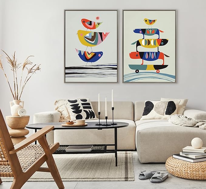 Kate and Laurel Sylvie The Family Tree Framed Canvas Wall Art by Rachel Lee of My Dream Wall, 31.5x41.5 Gray, Colorful Animal Art for Wall