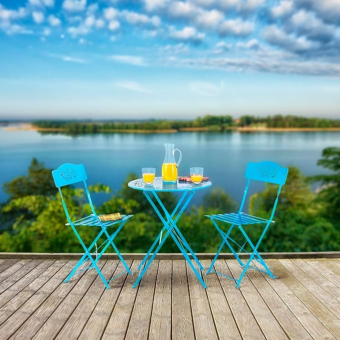 Alpine Corporation 3-Piece Bistro Set with Folding Table and 2 Chairs, Durable Steel Indoor/Outdoor Patio Furniture, Compact Seating, Blue