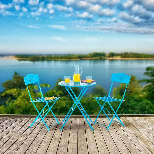 Alpine Corporation 3-Piece Bistro Set with Folding Table and 2 Chairs, Durable Steel Indoor/Outdoor Patio Furniture, Compact Seating, Blue