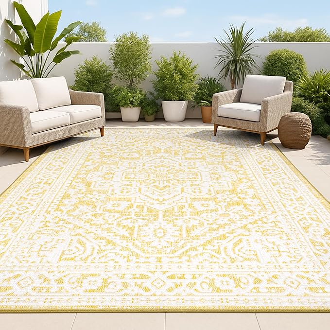 JONATHAN Y Medallion Weave Indoor Outdoor Area Rug 9X12 Yellow/Cream, Sinjuri Textured for Backyard, Patio, Porch, Easy-Cleaning, High Traffic, Pet-Friendly, Non-Shedding (SMB101I-9)