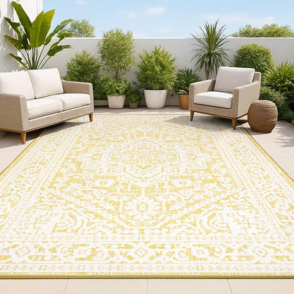 JONATHAN Y Medallion Weave Indoor Outdoor Area Rug 9X12 Yellow/Cream, Sinjuri Textured for Backyard, Patio, Porch, Easy-Cleaning, High Traffic, Pet-Friendly, Non-Shedding (SMB101I-9)