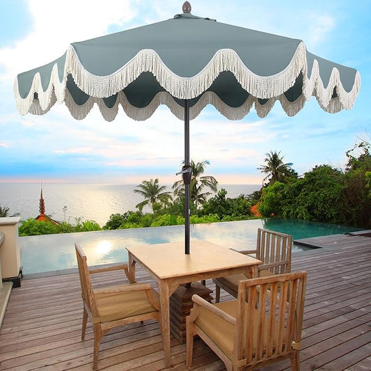 JONATHAN Y UMB1001 Collins 9 ft. Classic Cottage Tassel Market Patio Umbrella with Auto-Tilt, Crank, Wind Vent and UV Protection