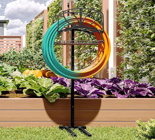 Fire Beauty Garden Hose Holder with Storage Basket,Heavy-Duty,80+ lb Capacity,Rust-Proof Stainless Steel,Organizes 150ft Hose for Patio&Yard,Leaf Design