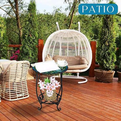 Cinnvoice Outdoor Side Table Round Small Mosaic Patio Accent Indoor End Plant Coffee Tea Table for Yard Patio Porch Garden Living Room, Bedroom(Peacock Style,14 Inch)