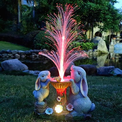 Solar Rabbit Garden Statues Outdoor Decor with LED Lights, Resin Rabbits Figurine Lights Decorations Colour Changing Fiber Optical Light, Outside Lawn Decor for Yard, Unique Housewarming Gift