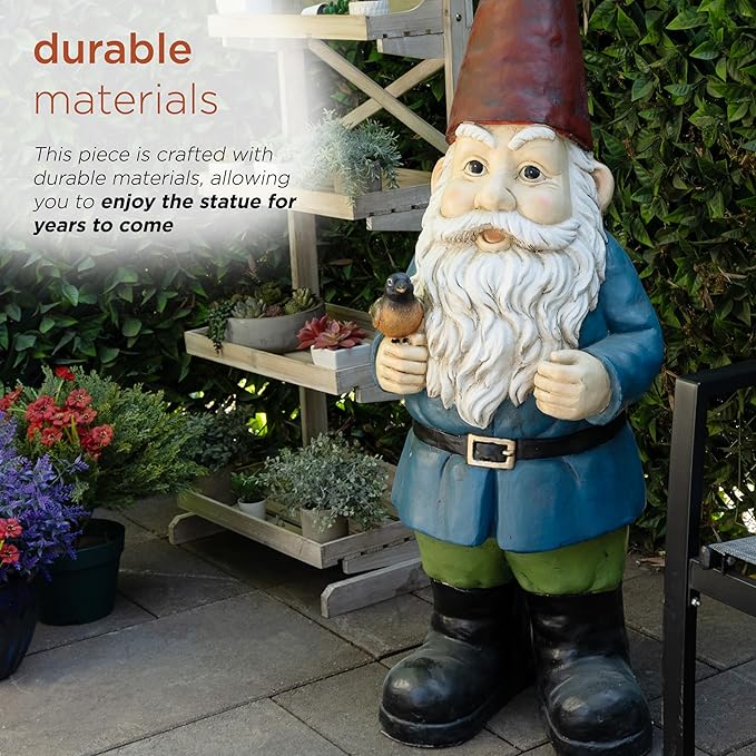 Alpine Corporation ZKD100 Jumbo Size Gnome with Bird Decor, Whimsical Gnome Statue for Patio & Garden, 48" H, Multicolor