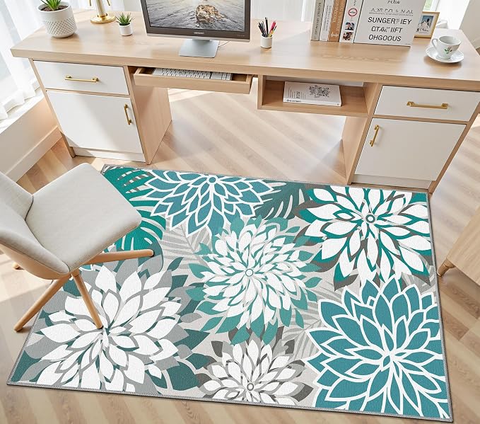 Colorful 3x5 Washable Rug for Living Room Tropical Botanical Modern Floral Chenille Area Rugs Low Pile Non Slip Carpet for Patio, Bedroom, Laundry, Teal