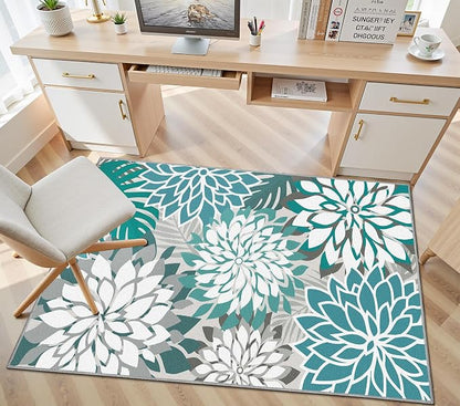 Colorful 3x5 Washable Rug for Living Room Tropical Botanical Modern Floral Chenille Area Rugs Low Pile Non Slip Carpet for Patio, Bedroom, Laundry, Teal