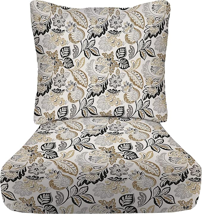 RSH DECOR: Deep Seating Cushion with Pillow Back | 24” x 27” Seat | All-Weather Spun Fabric | Water and Fade-Resistant | Outdoor Chair Cushion Set for Patio Furniture | Dailey Pewter Floral Scroll