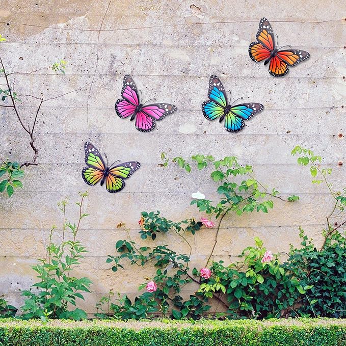 Metal Butterfly Wall Art Outdoor Decor - 4 Pack 9.8in Butterflies Wall Sculpture Hanging Decor for Outdoor and Indoor, Balcony Yard Patio Fence Garden Decorations, Nice Gift for Mom Friend