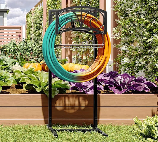 Fire Beauty Garden Hose Holder,Freestanding Water Hose Holder with Storage Basket,In ground Hose Rack Organizer for Outdoor,Detachable Hose Holder Stake,Hose Reel Stand for Outside Lawn Yard