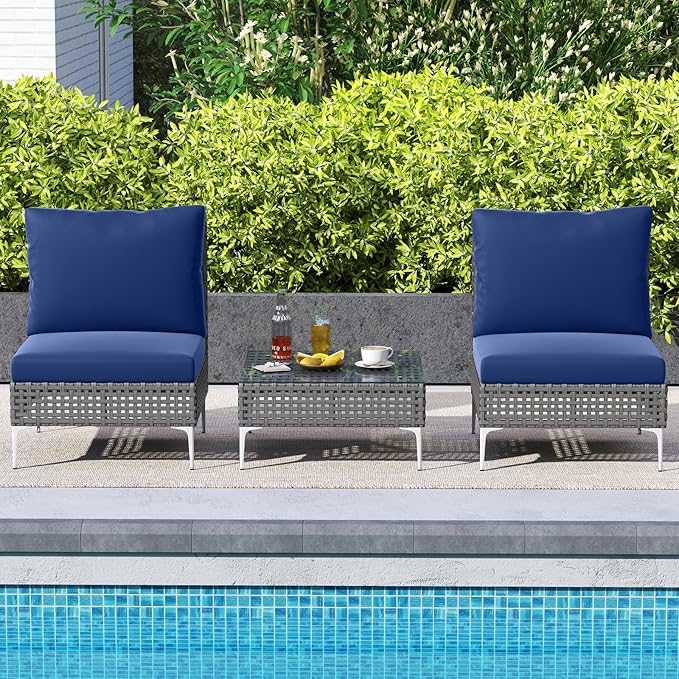 Tangkula 3 Pieces Patio Furniture Set, PE Rattan Conversation Chairs with Tempered Glass Coffee Table, Soft Back & Seat Cushions, Heavy Duty Metal Frame, Outdoor Bistro Set for Garden & Pool (Navy)