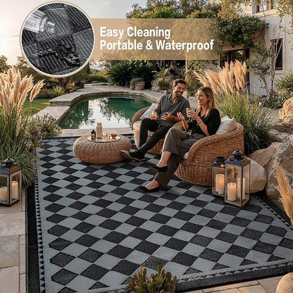 HUGEAR Outdoor Waterproof Rug 9'x12' Plastic Straw Rugs Washable Reversible Floor Mat Black/Grey Plaid Carpet for Camping RV Deck Entryance Porch Picnic Balcony Beach Backyard