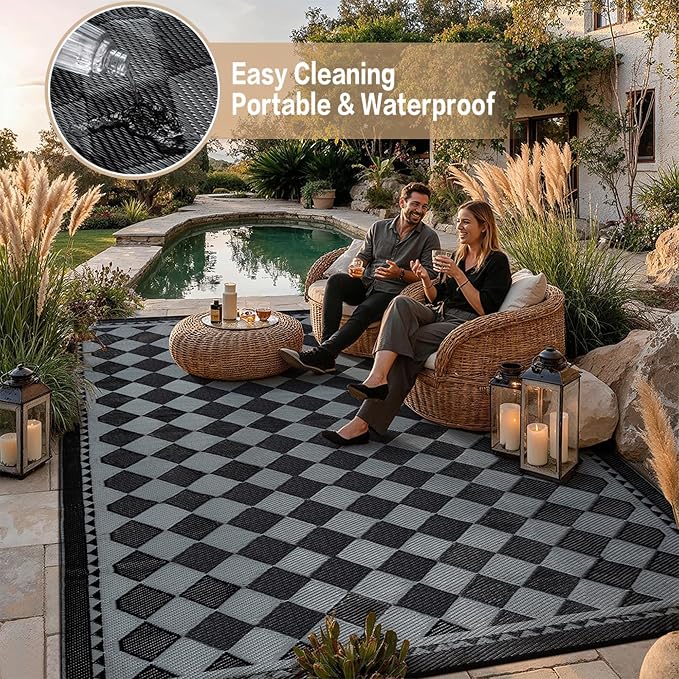 HUGEAR Outdoor Waterproof Rug 8'x10' Plastic Straw Rugs Washable Reversible Floor Mat Black/Grey Plaid Carpet for Camping RV Deck Entryance Porch Picnic Balcony Beach Backyard