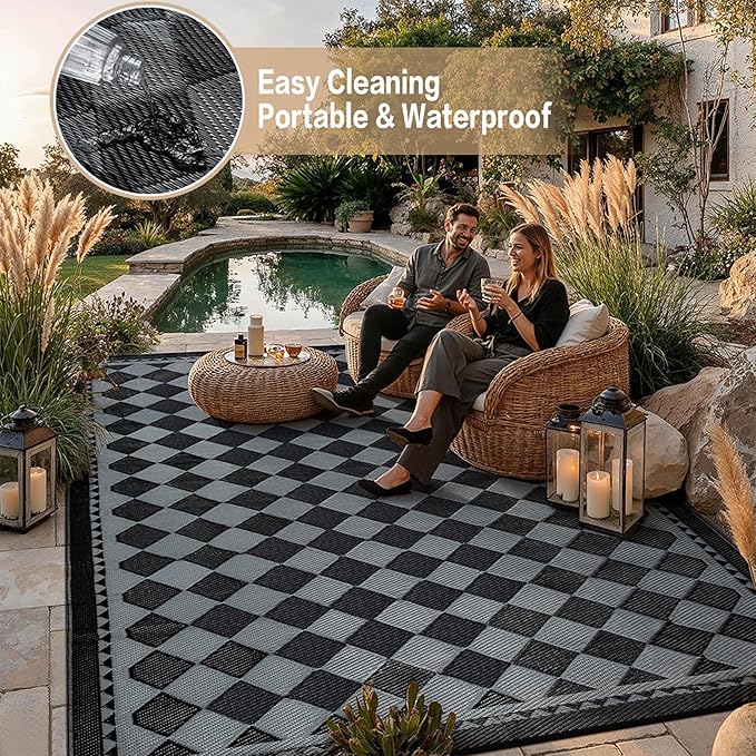 HUGEAR Outdoor Waterproof Rug 6'x9' Plastic Straw Rugs Washable Reversible Floor Mat Black/Grey Plaid Carpet for Camping RV Deck Entryance Porch Picnic Balcony Beach Backyard