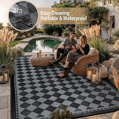 HUGEAR Outdoor Waterproof Rug 6'x9' Plastic Straw Rugs Washable Reversible Floor Mat Black/Grey Plaid Carpet for Camping RV Deck Entryance Porch Picnic Balcony Beach Backyard
