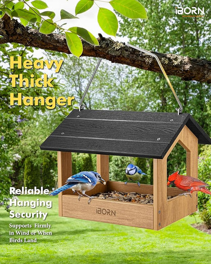 iBorn Pavilion Bird Feeder, Covered Platform Bird Feeder for Outdoors Hanging, WPC Recycled Plastic & Waterproof, Black