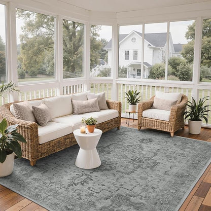 GENIMO Outdoor & Indoor Area Rug 8'x10', Waterproof, Non-Shedding, Easy Cleaning, Boho Mat for Patio, Living Room, Balcony, Dining Room, RV, Deck, Bedroom, Camping, Outside Carpet,Dark Grey