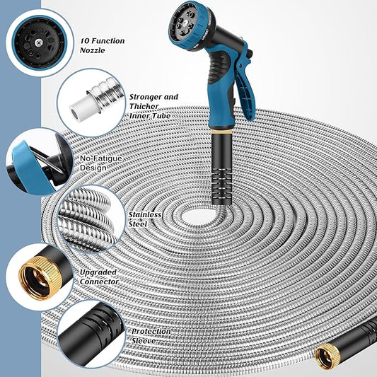 Garden Hose 50FT, Water Hose with 10 Function Nozzle, Garden Hose with Leak-proof Connectors, No-Kink, Lightweight, Puncture-proof,550PSI, Hose for Outdoor, Yard
