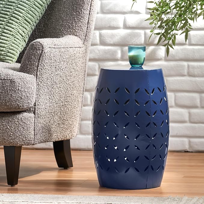 Christopher Knight Home Hayon 17.75'' Small Outdoor Side Table, Metal Outdoor Stool, Lace Cut Iron End Table, Hollow Drum Round Side Table, Decorative Garden Stool with Cutout Design, Dark Blue
