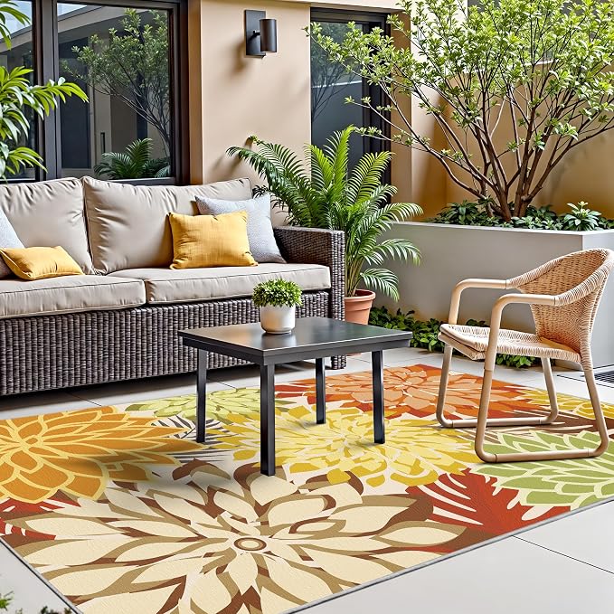 Colorful 8x10 Outdoor Area Rug Washable Multicolored Patio Rug Tropical Botanical Floral Chenille Waterproof Outdoor Carpet Non-Slip for Deck, Backyard, Porch, Orange