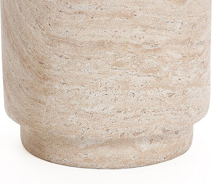 LuxenHome Outdoor Side Table, 18'' Travertine-Style Round Textured Cement Accent End Table, Outdoor Furniture for Patio Balcony Porch, Garden Stool for Backyard Lawn