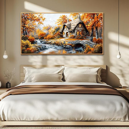 QIYILEXWART Large Wall Decor For Living Room Canvas Wall Art For Office Modern Wall Decorations For Bedroom Autumn Cottage River Landscape Painting Farmhouse Pictures Artwork Room Home Decor 24x48