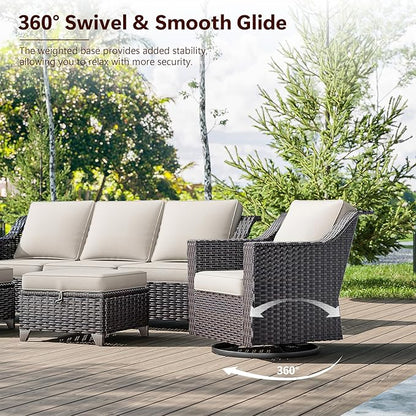 3 Pieces Wicker Patio Furniture, Luxury Outdoor Rattan Furniture with 2 Patio Swivel Chair,Side Table, Wide Armrest, Thickened Cushions, Ideal for Deck, Porch Use