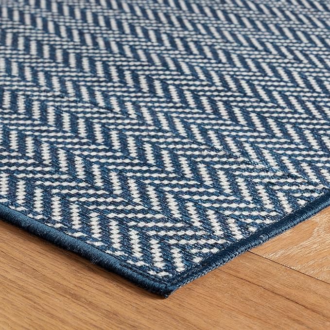Dash & Albert Herringbone Navy Machine Washable Rug, 8.5 X 11.5 Feet, Blue Geometric Pattern