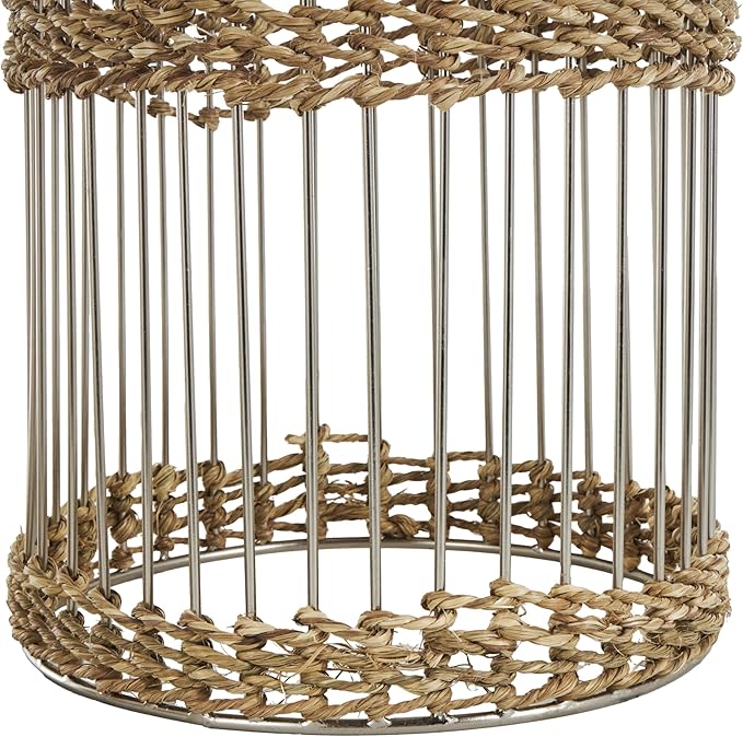 Deco 79 Metal Indoor Planter Textured Dome Large Planter Pot with Woven Seagrass and Caged Rod Pedestal Base, Set of 3 Planters 32", 27", 24" H, Silver