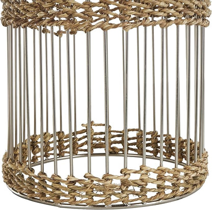 Deco 79 Metal Indoor Planter Textured Dome Large Planter Pot with Woven Seagrass and Caged Rod Pedestal Base, Set of 3 Planters 32", 27", 24" H, Silver