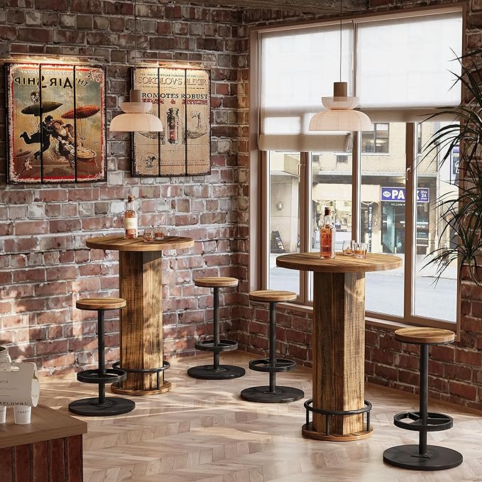 Tribesigns Round Commercial Dining Table Set of 4, 23.6" Heavy Duty Bar Table with Chairs, Wooden Kitchen Table for Restaurant, Cafe, Bakery, Apartment, Rustic Brown & Black