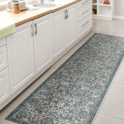 JONATHAN Y Weave Floral Indoor Outdoor Runner Rug 2X8 Teal/Gray, Tela Bohemian Textured for Backyard, Patio, Porch, Easy-Cleaning, High Traffic, Pet-Friendly, Non-Shedding (SMB100C-28)