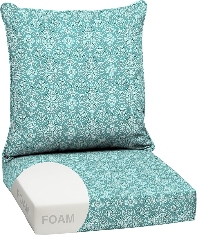 Arden Outdoor Foam Deep Seat Cushion Set, 24 in x 24 in, Weather-Proof, Rain-Proof, Fade Resistant Patio Cushion, Bottom and Back Cushion for Chair, Sofa, and Couch Turquoise Daphne Medallion