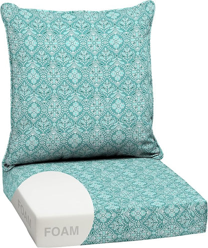 Arden Outdoor Foam Deep Seat Cushion Set, 24 in x 24 in, Weather-Proof, Rain-Proof, Fade Resistant Patio Cushion, Bottom and Back Cushion for Chair, Sofa, and Couch Turquoise Daphne Medallion