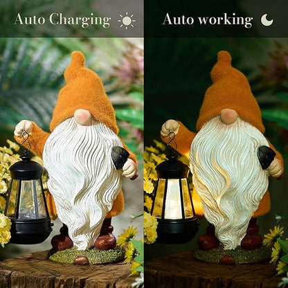TERESA'S COLLECTIONS Fall Decor, Fall Gnome Decor, Autumn Garden Gnomes Holding Lantern with Solar Lights,Waterproof Resin Outdoor Fall Decor, Fall Gifts Outdoor/Indoor,8"