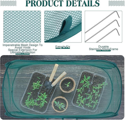 4 Pcs 45'' x 20'' x 18'' Pop up Garden Mesh Plant Cover Outdoor Plant Protector Garden Row Raised Bed Cover with Ground Nails Crop Cage Net for Seedlings Vegetable Fruit Herbs (Dark Green)