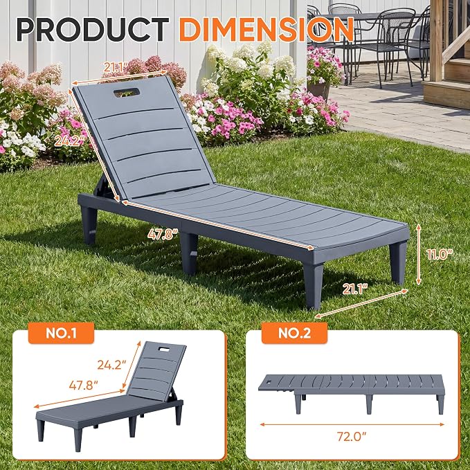 Homall Patio Chaise Lounge Chairs Set of 2, Outdoor Lightweight Lounge Chairs, 5 Position Adjustments Backrest for Outside Pool, Garden, Patio and Beach, Gray
