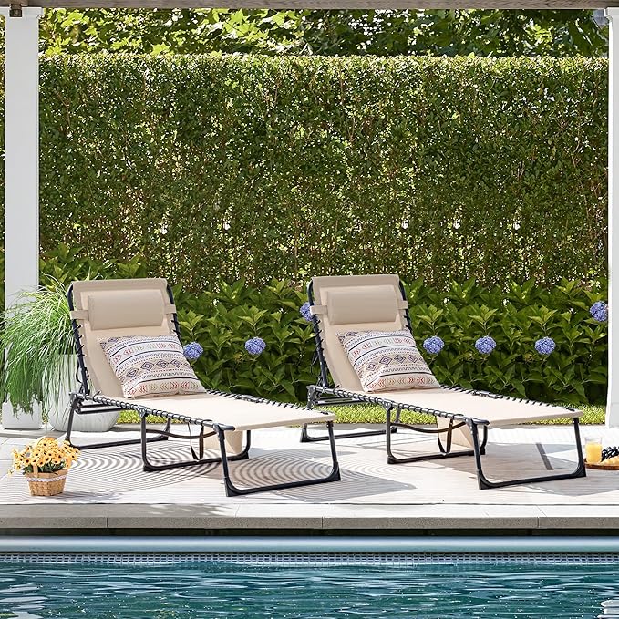 Flamaker Foldable Chaise Lounge Chair 5-Position Adjustable, Tanning Chair with Side Pocket, Outdoor Sunbathing for Pool, Beach, Patio, Lawn, Indoor Recliner Chair for Napping(Beige, 1 Pcs)