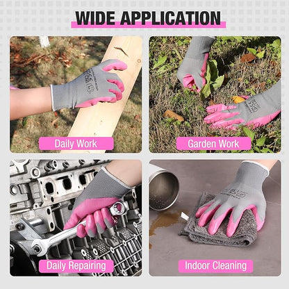 HAUSHOF Gardening Gloves for Women Ladies Thorn Proof 6-Pairs Work Gloves, Women's Breathable Garden Gloves Nitrile Coated with Texture for Yard Work, Pink & Green Large Size