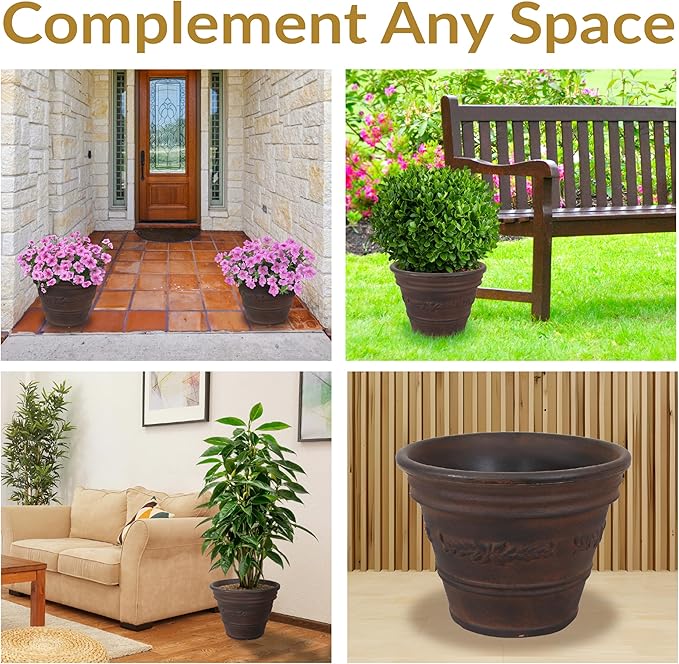 Sunnydaze 13-Inch Laurel Large Plant Pot - Polyresin Round Outdoor Planter with Drillable Drainage Holes - 4 Pack - Rust