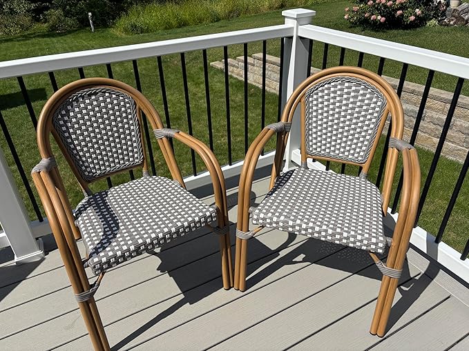 PURPLE LEAF French Bistro Chairs Set of 2 Aluminum Hand-Woven Rattan Wicker Dining Chairs with Arms for Outdoor Porch Garden Bamboo Print Finish Grey