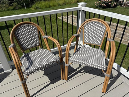 PURPLE LEAF French Bistro Chairs Set of 2 Aluminum Hand-Woven Rattan Wicker Dining Chairs with Arms for Outdoor Porch Garden Bamboo Print Finish Grey